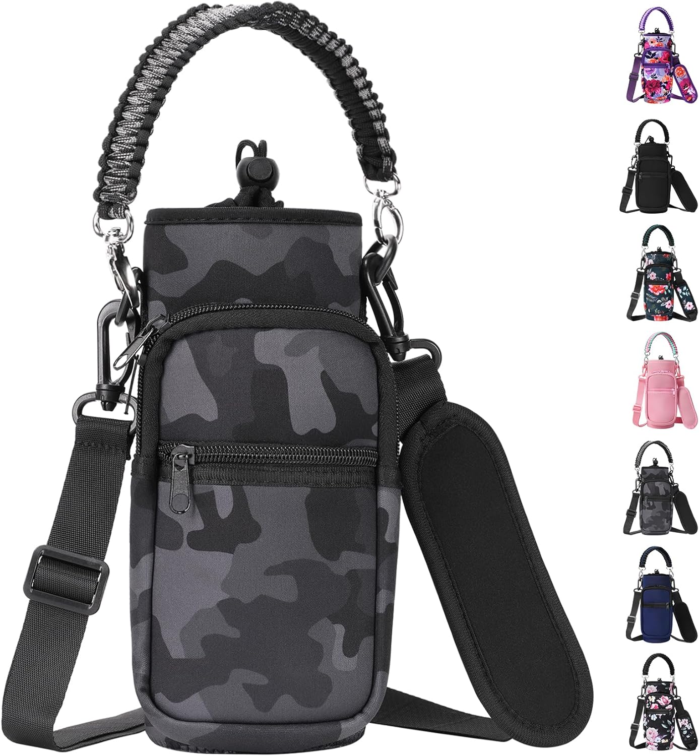 AceTreker 32/40/64/128 oz Neoprene Insulated Water Bottle Carrier Bag, Sling Bag Sleeve Pouch Holder with Strap & Paracord Handle and 2 Pocket for Travelling, Hiking, Camping