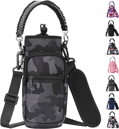 AceTreker 32/40/64/128 oz Neoprene Insulated Water Bottle Carrier Bag, Sling Bag Sleeve Pouch Holder with Strap & Paracord Handle and 2 Pocket for Travelling, Hiking, Camping