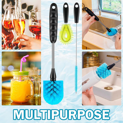 12.2 inch Bottle Brush Set of Three，Washable Coffee Cups, Water Bottles, Baby Bottles, Straws, to-go Cups, Long-Handled 3-in-1 Stainless Steel Bottle Brushes. (Blue)
