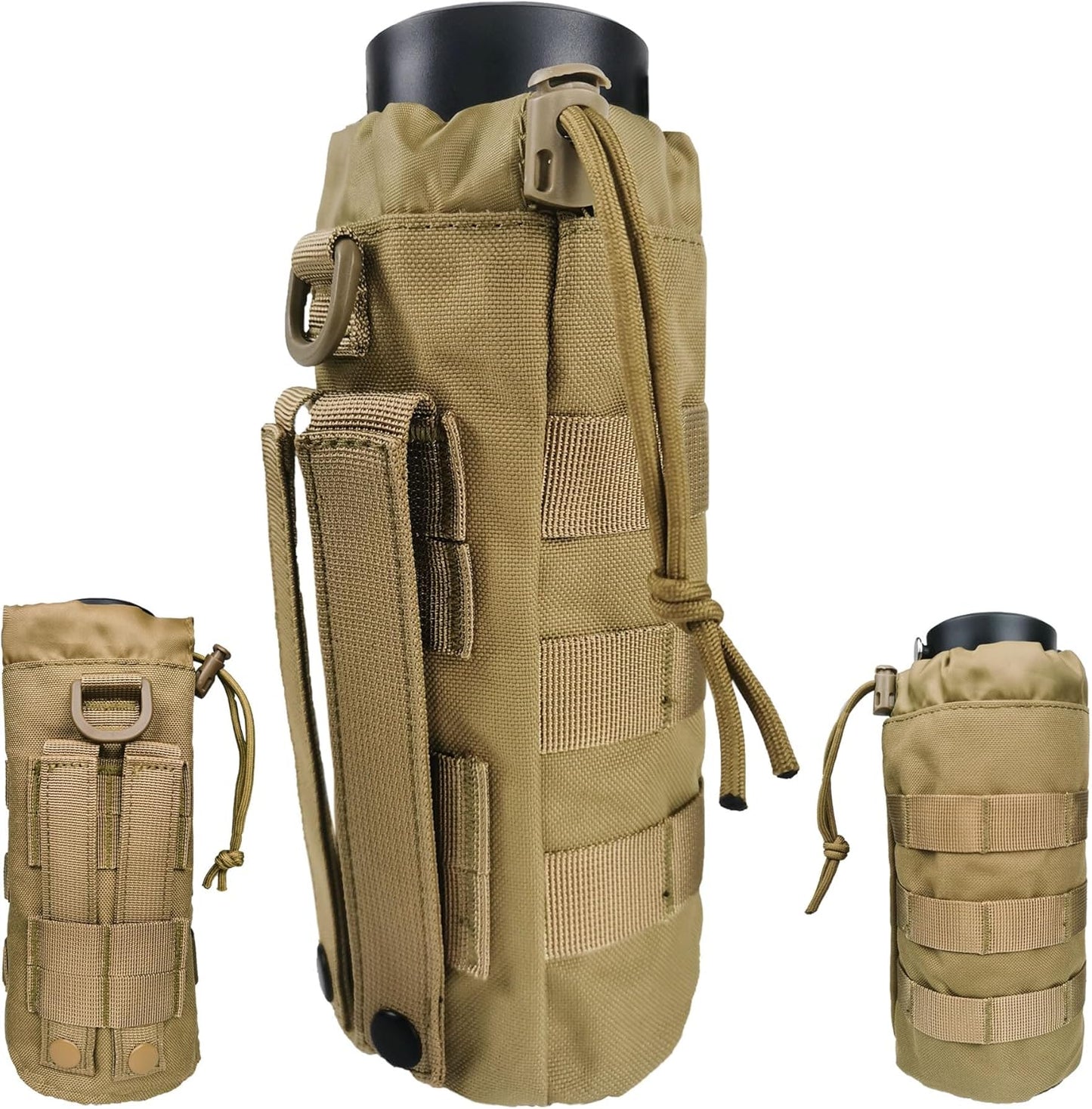 Tactical MOLLE Water Bottle Holder, Upgraded Water Bottle Pouch with Drawstring Open Top & Mesh Bottom, 16/24/25/32oz Water Bottle Carrier Bag with D-Ring Hook for Backpack