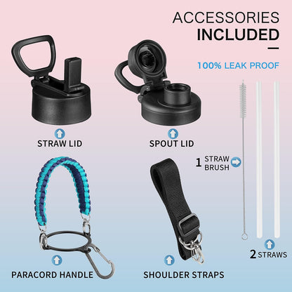 KXIAOCHEN Insulated Water Bottle With Strap, Cold For 48 Hrs Leak Proof, Triple Wall Stainless Steel Sports Water Bottle With Straw And Spout Lid For Gym Hiking Travel