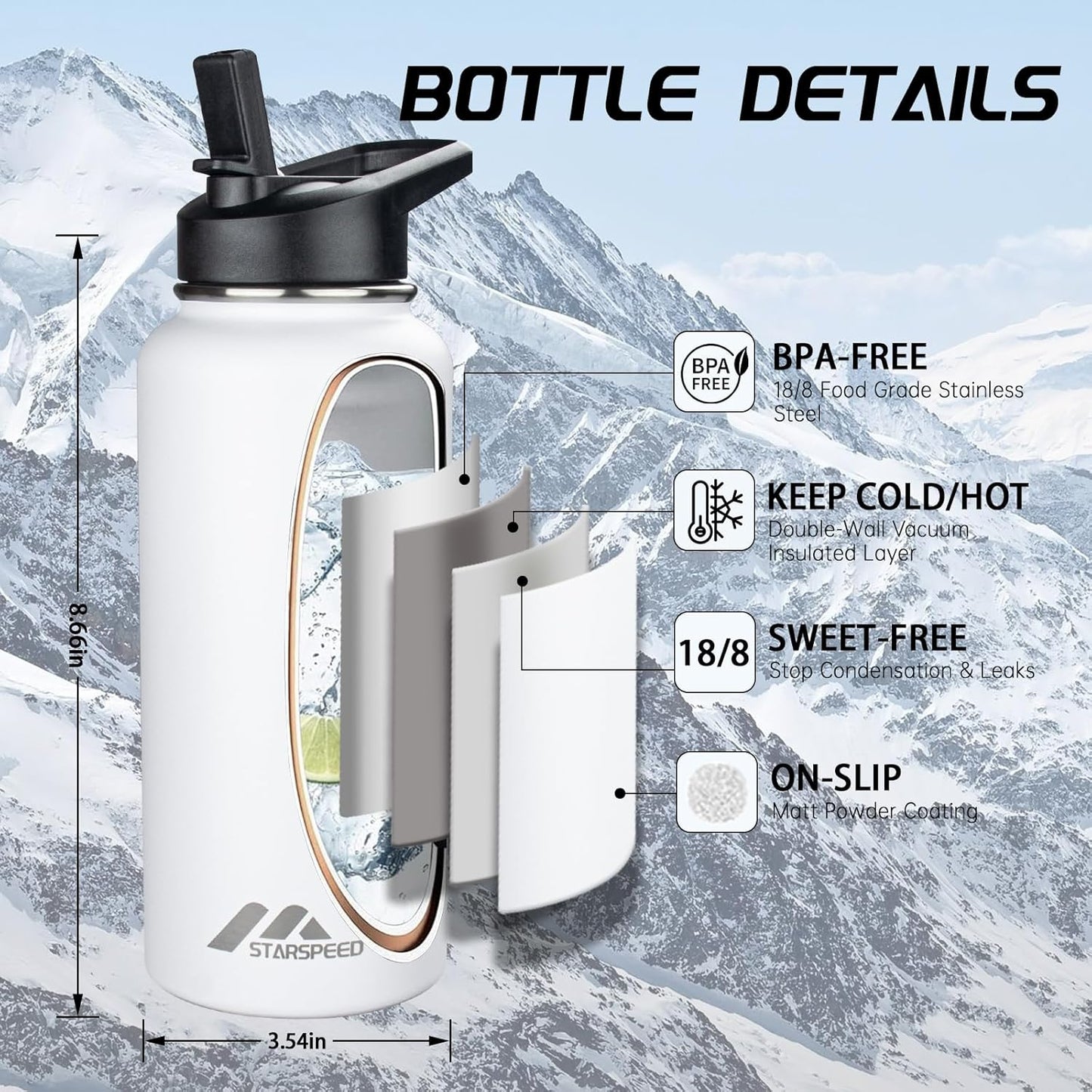 StarSpeed 32oz Insulated Water Bottle with Straw Lid, Stainless Steel Double Walled Vacuum Water Flask, Wide Mouth Sports Water Bottle for Gym Camping Hiking, Indigo Black