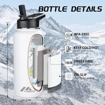 StarSpeed 32oz Insulated Water Bottle with Straw Lid, Stainless Steel Double Walled Vacuum Water Flask, Wide Mouth Sports Water Bottle for Gym Camping Hiking, Indigo Black