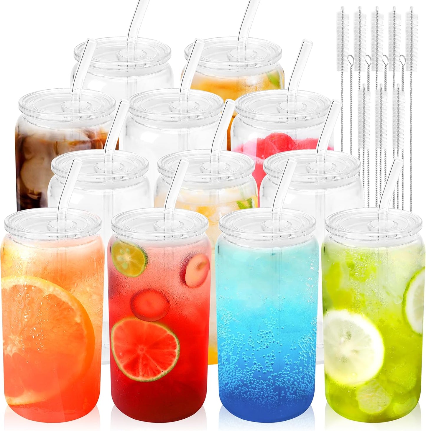 Joyclub 8pcs 16 oz Glass Cups with Acrylic Lids and Straws Can Shaped Iced Coffee Glasses Cute Tumbler Set Drinking Jars for Smoothie Soda Boba Beer Party Housewarming Gifts