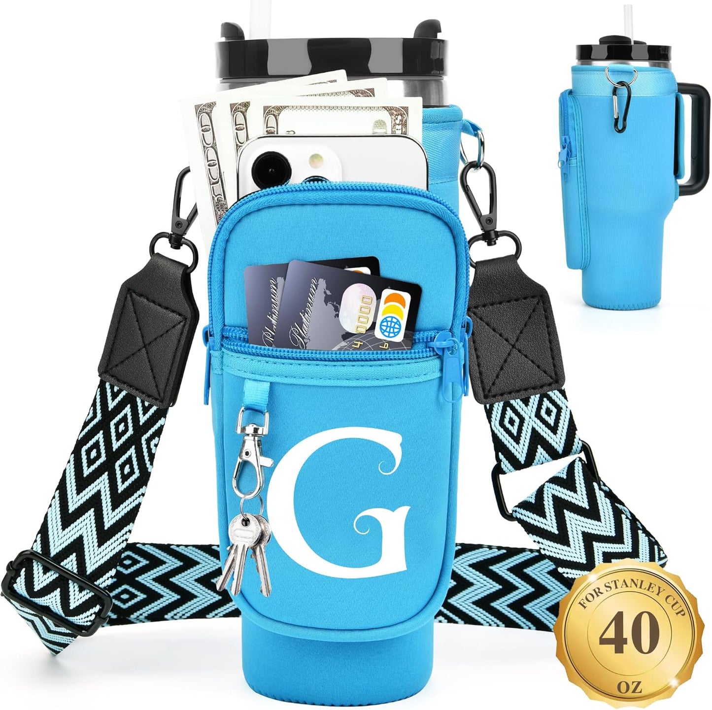 LOKASS Personalized Water Bottle Holder with Strap for Stanley Cup Accessories 40 oz, Initial for Stanley Cup Holder Carrier Bag with Phone Pocket, Stylish Tumbler Accessories for Daily Use Hands-Free