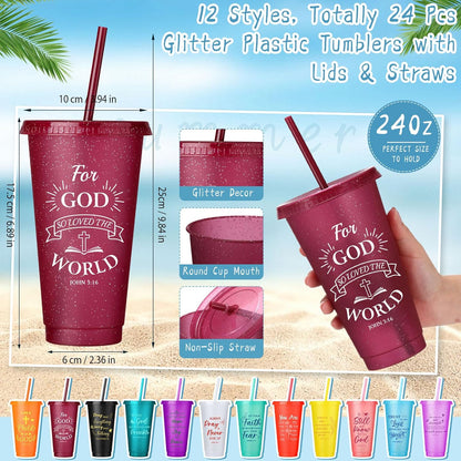 Feifeiya 72 Pcs/ 24 Set Bible Verse Gifts Bulk 24 oz Father's Day Christian Plastic Tumbler with Lids and Straws Inspirational Prayer Notepads Religious Pen Church Cups Gift for Christian Party Favors