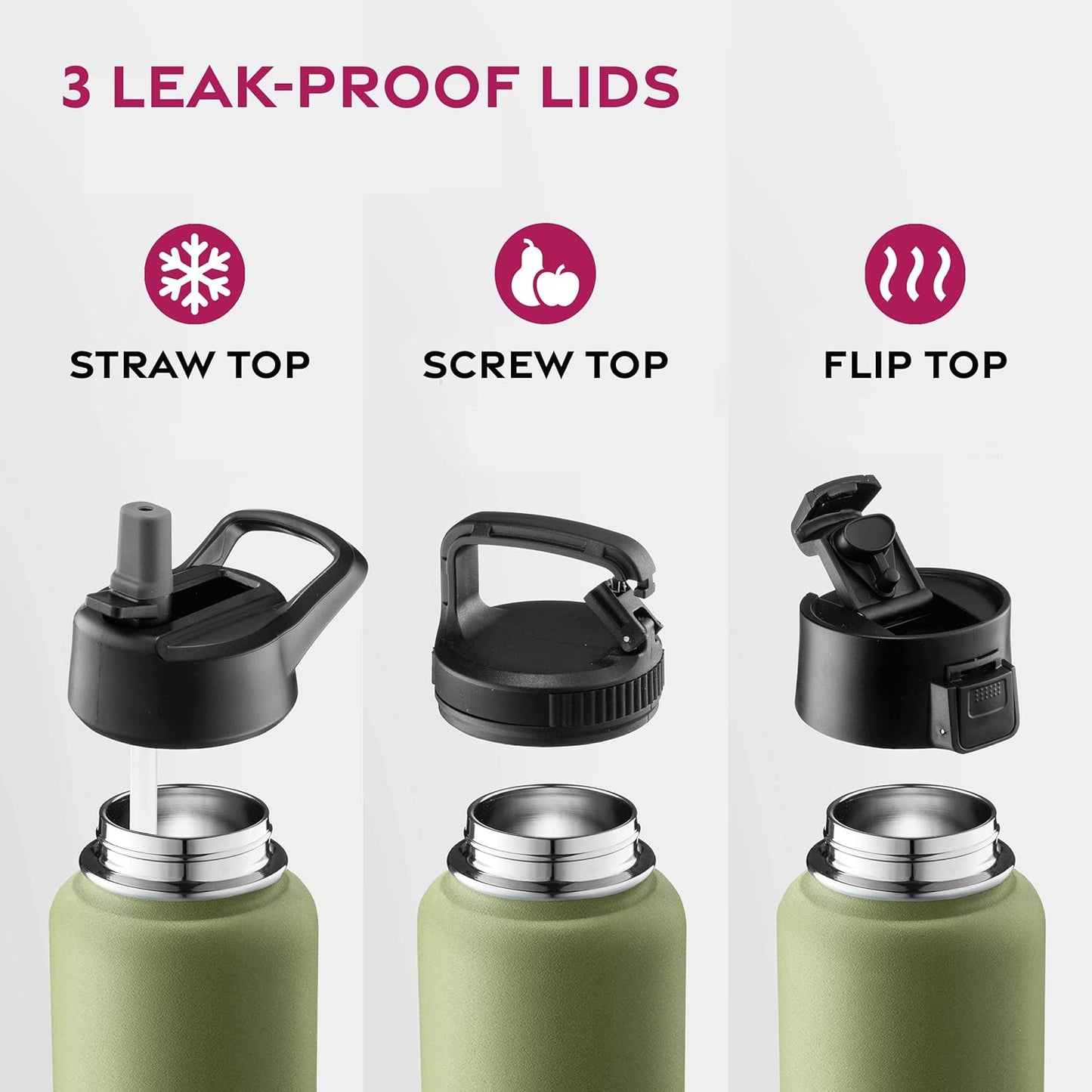 FineDine Water Bottle - Stainless Steel Insulated Water Bottle with Straw Lid, Flip Lid & Wide-Mouth Cap - Keeps Hot and Cold - 25 Oz / 739ml - Dreamy Purple