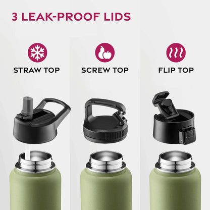 FineDine Water Bottle - Stainless Steel Insulated Water Bottle with Straw Lid, Flip Lid & Wide-Mouth Cap - Keeps Hot and Cold - 25 Oz / 739ml - Dreamy Purple