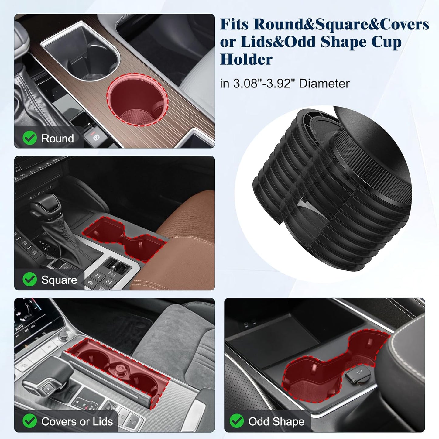 Quick-Install Car Cup Holder Expander, Space-Saving Cup Holder for Car with Offset Design, Non-Slip Large Water Bottle Holder Expander, Compatible with Owala, Stanley, Yeti Cups (24oz to 64oz)