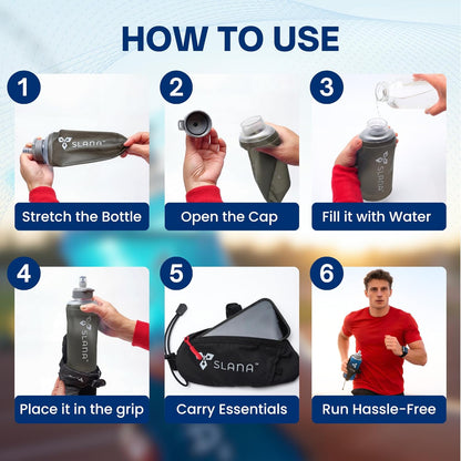 Handheld Running Water Bottle 18 oz – Grip-Free Collapsible Water Bottles for Running with Adjustable Strap & Thumbhole, Expandable Phone Pocket, Race Cap for One-Hand Drinking