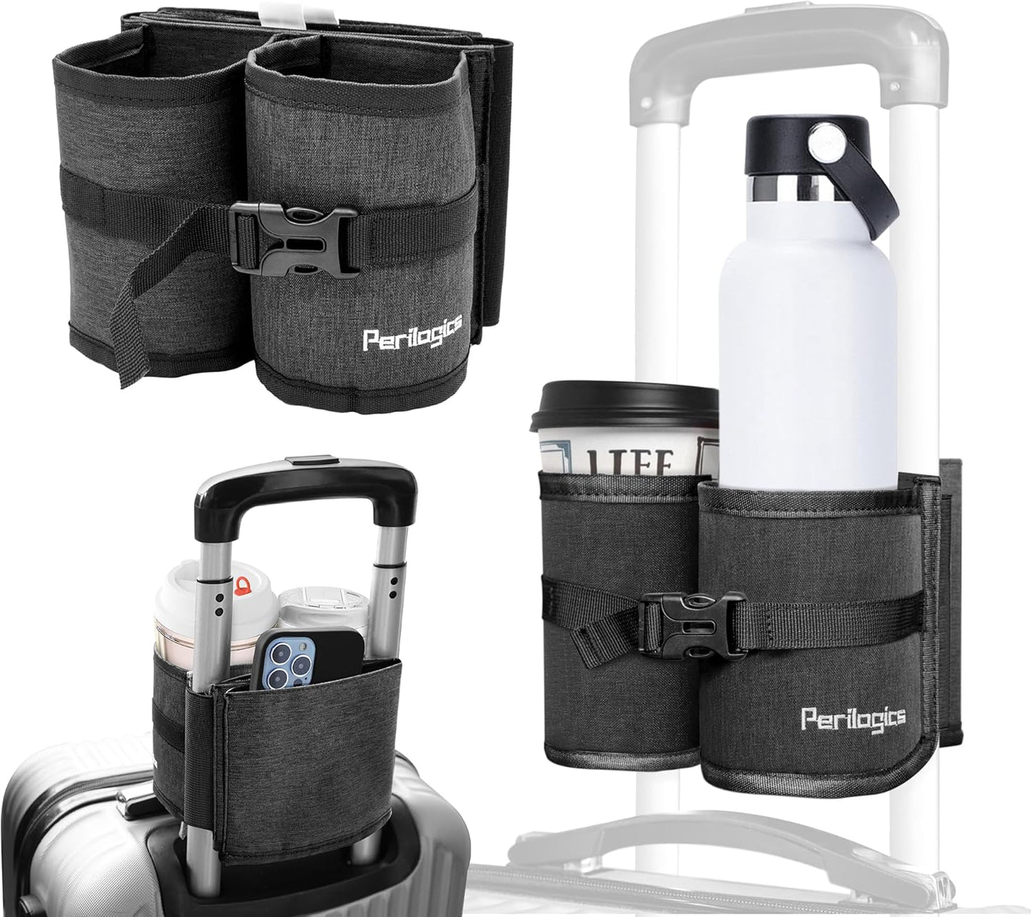 Perilogics Luggage Travel Cup Holder Hands Free Drink Caddy for Suitcase Handle. Perfect Airplane Travel Essential Accessory Gift for Frequent Traveler, Flight Attendant or with Children (Dark Gray)