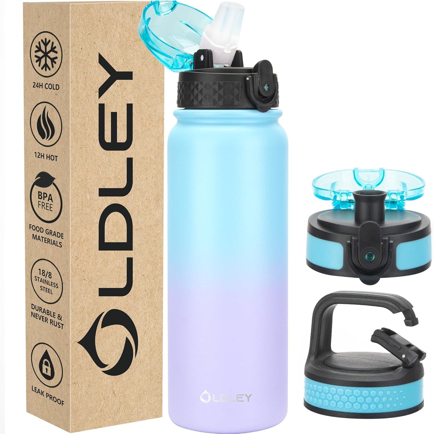 Oldley Insulated Water Bottle 20oz for Adults Kids Stainless Steel Water Bottles with Straw/Chug/Carabiner 3 Lids Fruit Strainer Double Wall Vacuum Wide Mouth BPA Free Leak-Proof for School Travel