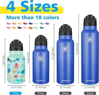 Han's Bottle Sports Water Bottle - 24 Oz, Straw Lid, Leak Proof, Vacuum Insulated Stainless Steel, Double Walled, Thermo Mug,Black