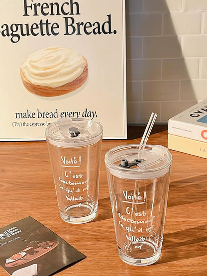 Olvini 15oz Glass Tumbler with Straw and Lid, Cute Iced Coffee Cups, Aesthetic Glass Cups, Coffee Tumbler, Water Cup, Matcha Cup, Drinking Glasses (Clear)