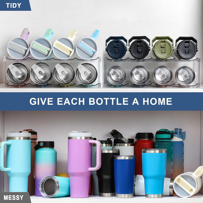 LARGER Compartment - 3 Tier Stackable Water Bottle Organizer Holder - for Stanley 40oz & Others' Large Tumbler - Clear Wine Rack, 12 Cup Bottle Holder for Cabinet Home Countertop Fridge Pantry Shelf