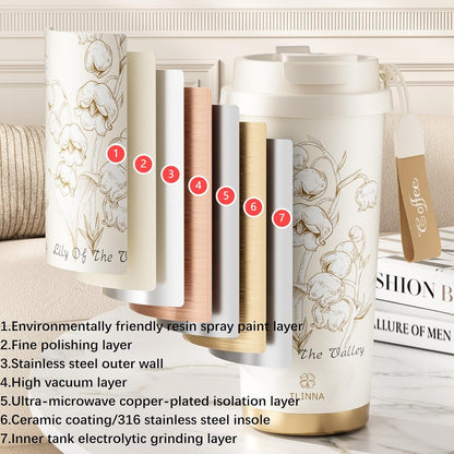 [2-IN-1 LID] Travel Mug,Coffe mug,Coffe cup,Ceramic coating Lined,316 Stainless Steel,BPA Free,Vacuum Insulated Tumbler for Water, Iced Tea or Coffee, Smoothie and More (Peony-White, 18 Onuces)