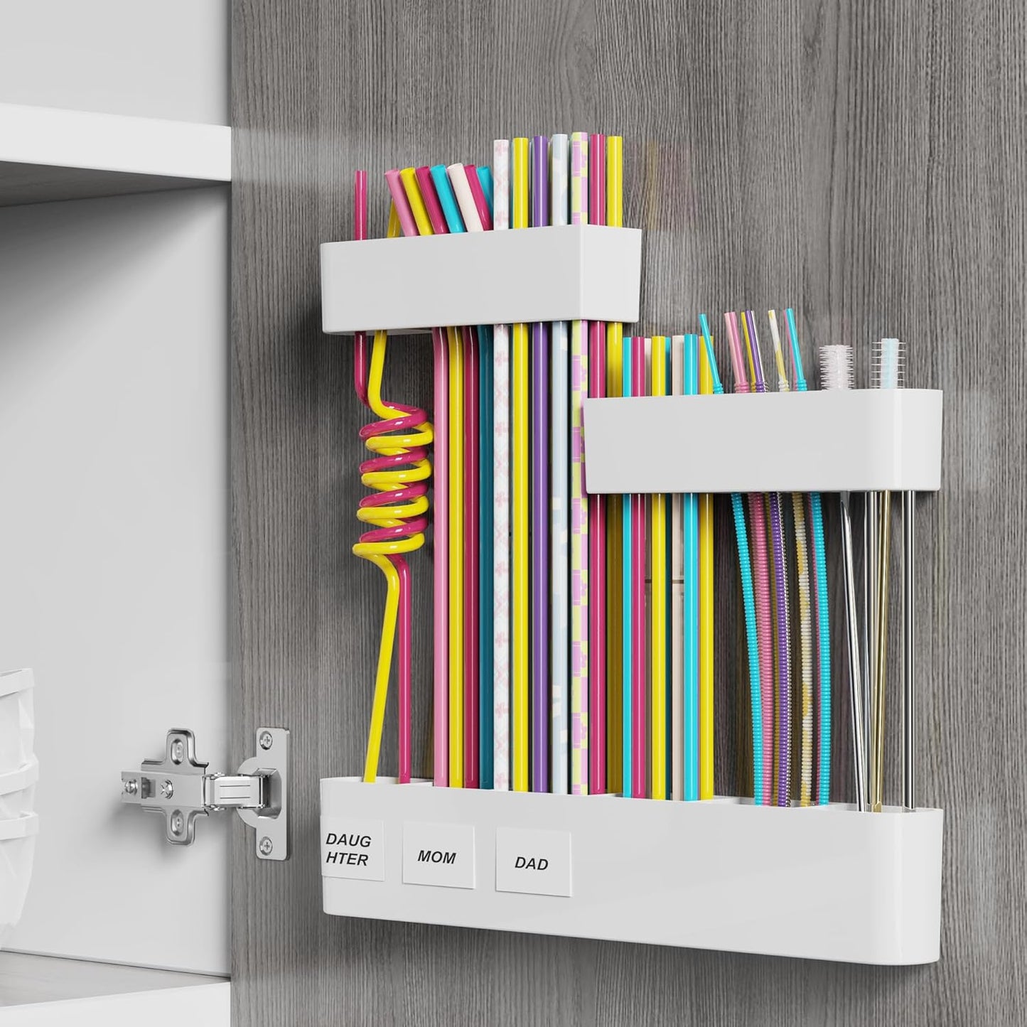 Upgraded 9.84" Large Straw Holder for Cabinet Door, 3-Part Adjustable Straw Organizer Storage with Strong Adhesive Double-sided Tape, Ultra Sticky Under-Cabinet Mount Storage (Transparent)