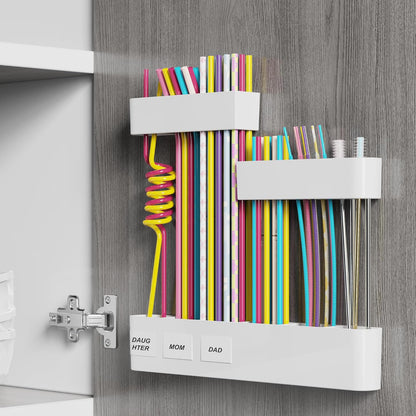 Upgraded 9.84" Large Straw Holder for Cabinet Door, 3-Part Adjustable Straw Organizer Storage with Strong Adhesive Double-sided Tape, Ultra Sticky Under-Cabinet Mount Storage (Transparent)