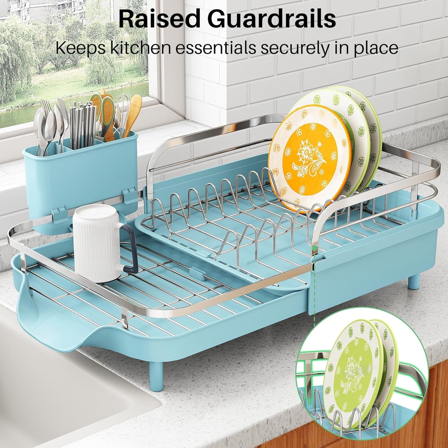 SAYZH Dish Drying Rack - Expandable Dish Rack for Kitchen Counter, Rust-Resistant Dish Drainer with Utensil Holder and Raised Guardrail, Kitchen Organizer for Cup and Bottle (Black)