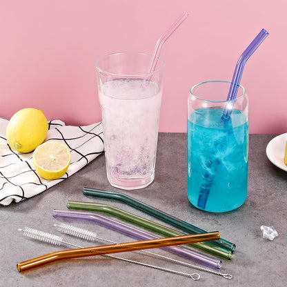 10 Pcs Reusable Bent Glass Drinking Straws,9''x10 mm Colorful Glass Straws for Beverages, Shakes, Milk Tea, Juices,Set of 10 Bent with 2 Cleaning Brushes -Shatter Resistant