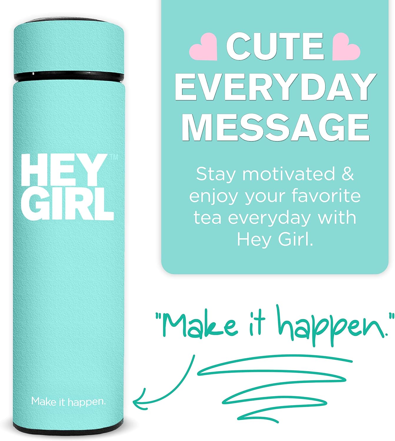 Hey Girl Tea Infuser Bottle 450ml - Insulated Stainless Steel Water Bottle - Tea Tumbler with Tea Diffuser - Portable Travel Mug for Loose Leaf Tea & Infused Water - Tea Lovers Gifts for Women (Pink)