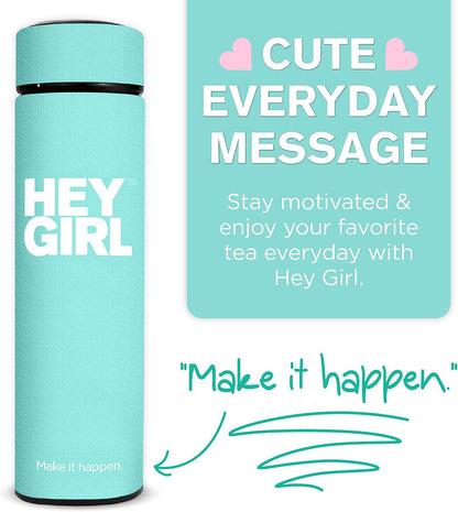 Hey Girl Tea Infuser Bottle 450ml - Insulated Stainless Steel Water Bottle - Tea Tumbler with Tea Diffuser - Portable Travel Mug for Loose Leaf Tea & Infused Water - Tea Lovers Gifts for Women (Pink)