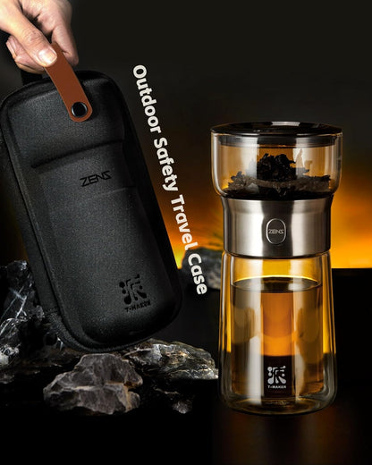 ZENS Modern Glass Infuser Teapot, One Touch Tea Maker for Loose Leaf Tea with Insulated Mug and Portable Case. Enchanted Pot Alternatives for Tea Lover Gifts