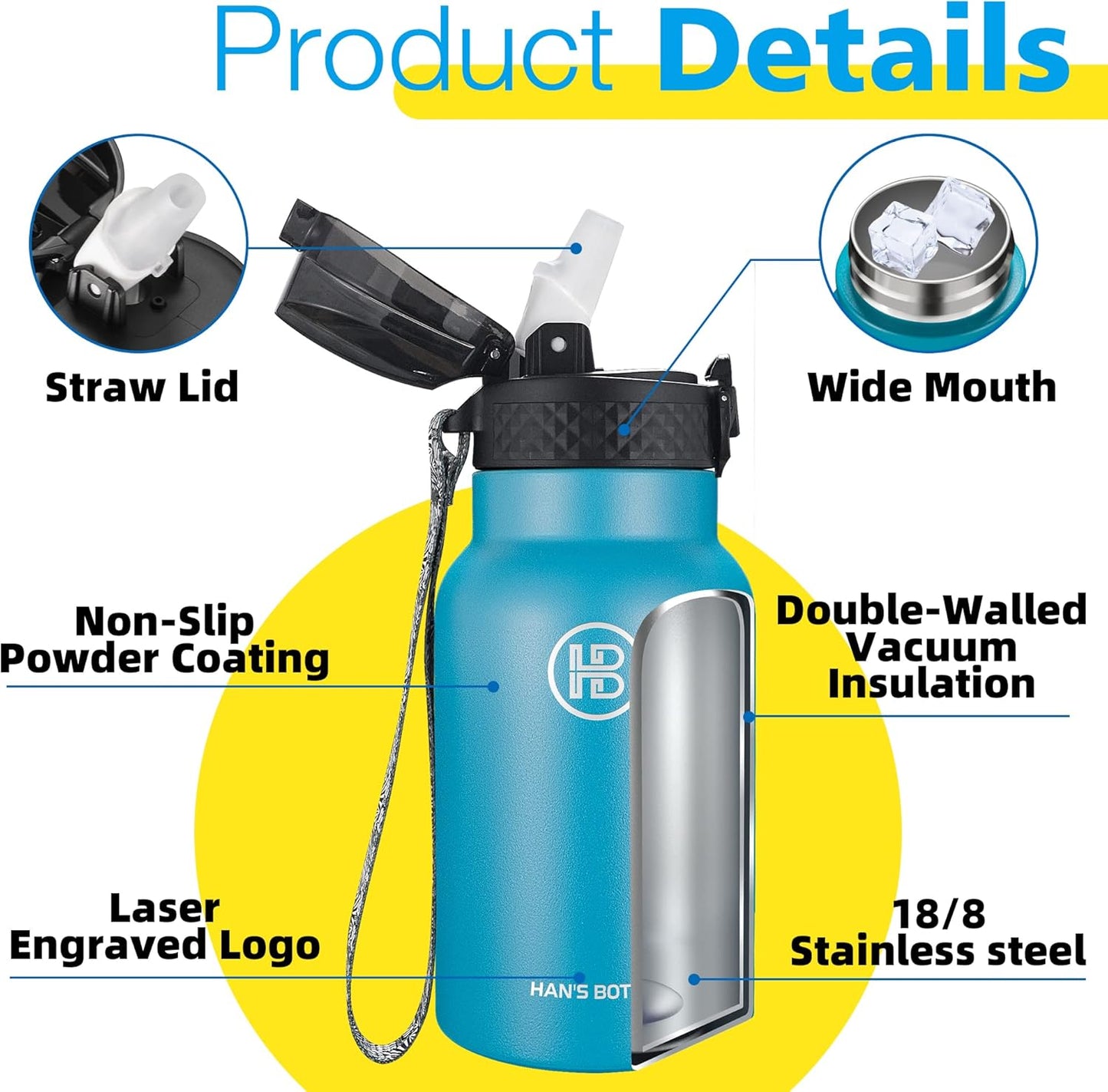 Han's Bottle Sports Water Bottle - 24 Oz, Straw Lid, Leak Proof, Vacuum Insulated Stainless Steel, Double Walled, Thermo Mug,Black