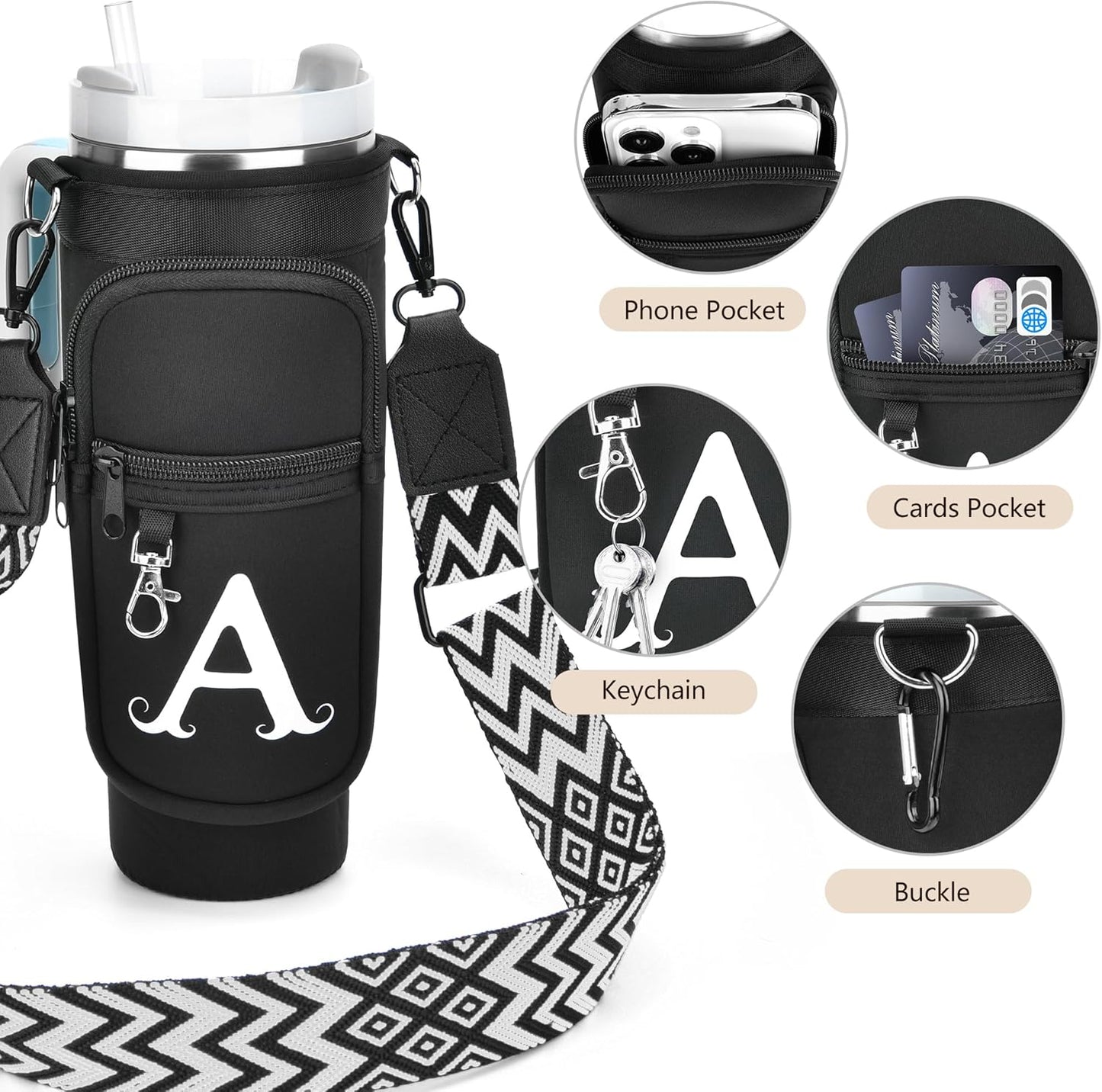 LOKASS Personalized Water Bottle Holder with Strap for Stanley Cup Accessories 40 oz, Initial for Stanley Cup Holder Carrier Bag with Phone Pocket, Stylish Tumbler Accessories for Daily Use Hands-Free