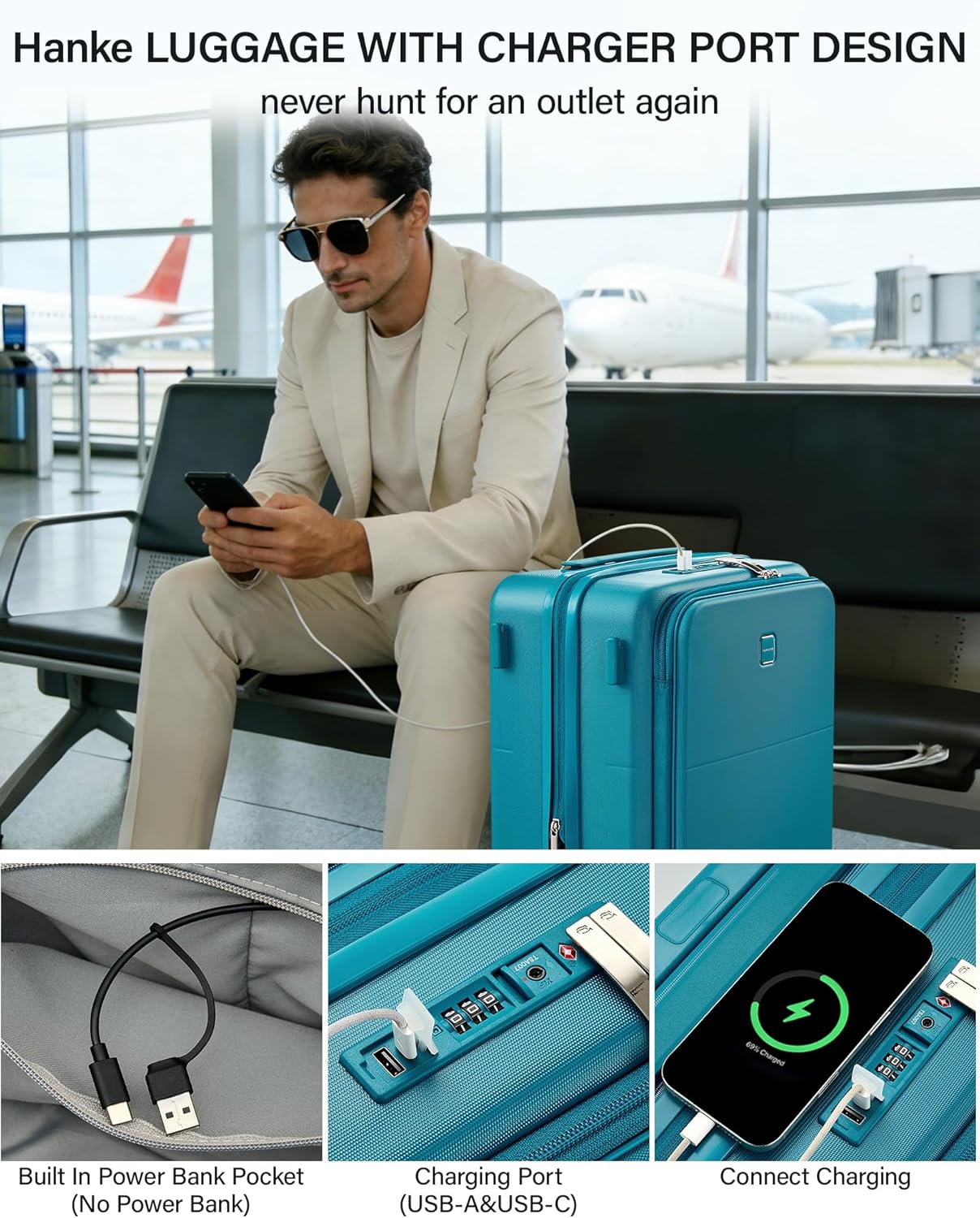 Hanke 20 Inch Expandable Carry On Luggage with Cup Holder 22x14x9 Airline Approved, Top Opening Hard Shell Suitcases with Wheels, Carry-On Travel Suitcase Trunk Luggage with Lock, Smoke White
