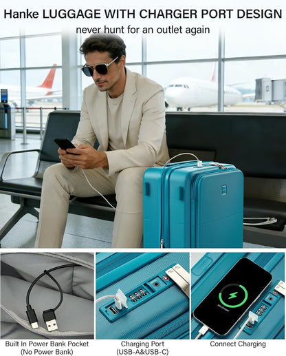 Hanke 20 Inch Expandable Carry On Luggage with Cup Holder 22x14x9 Airline Approved, Top Opening Hard Shell Suitcases with Wheels, Carry-On Travel Suitcase Trunk Luggage with Lock, Smoke White