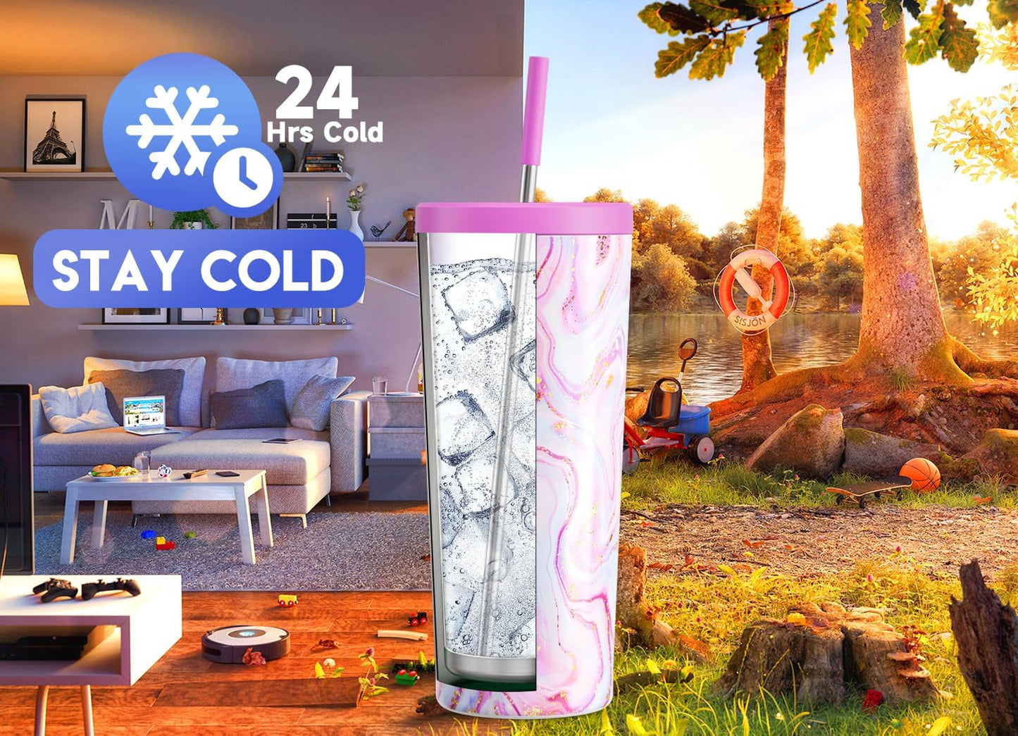 Meoky 24 oz Insulated Tumbler with Lid and Straw, Stainless Steel Vacuum Insulated Tumbler, Keeps Cold for 24 Hours, 100% Leak Proof, Fits in Car Cup Holder (Night)