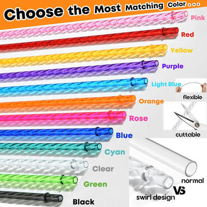 ALINK 12-Pack Reusable Plastic Coloful Swirl Straws, 11 Inch Long PETG Clear Hard Plastic Tumbler Replacement Straws with Brush, BPA-Free, for 16–30 oz Stanley, YETI, Starbucks, Mason Jars, Owala Cups