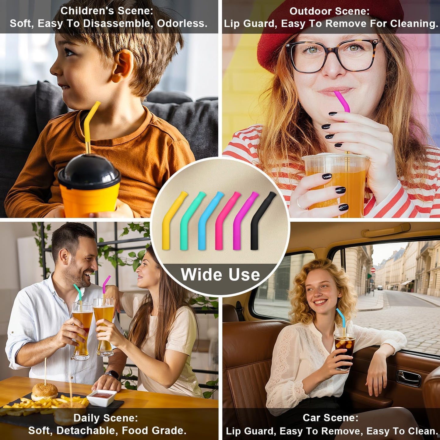 Reusable Stainless Steel Straws Set 6 PCS with 6 Silicone Tips, 2 Straw Brush, 1 Storage Case, Different Sizes of Metal Straws Reusable, Suitable for 14, 20, 30 oz Cups Tumbler, for Hot/Cold Drinks