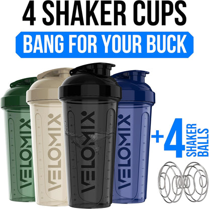 VELOMIX -4 PACK 28 Oz Protein Shaker Bottle for Protein Mixes - 4x Wire Whisk | Leak Proof Shaker Cups for Protein Shakes | Large, Stackable Protein Shaker Bottles Pack | Dishwasher Safe (Aqua Depths)
