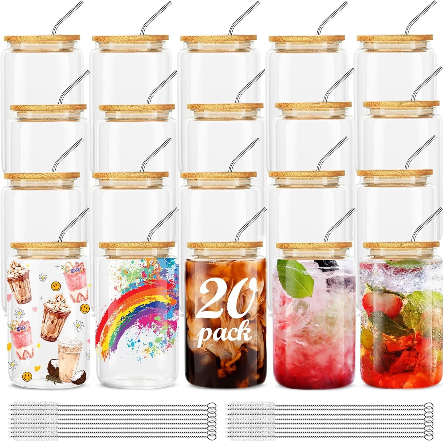 ASKIZ 16Pcs Glass Cups With Bamboo Lids and Straws,16Oz Ice Coffee Cup,Drinking Glasses Cups Set,Water Bottles Glasses for Juicing,Beer,Coffee,Soda,Tea-Glass Tumbler Reusable for Gifts