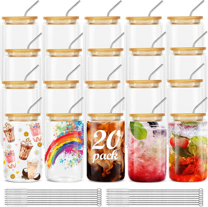 ASKIZ 16Pcs Glass Cups With Bamboo Lids and Straws,16Oz Ice Coffee Cup,Drinking Glasses Cups Set,Water Bottles Glasses for Juicing,Beer,Coffee,Soda,Tea-Glass Tumbler Reusable for Gifts