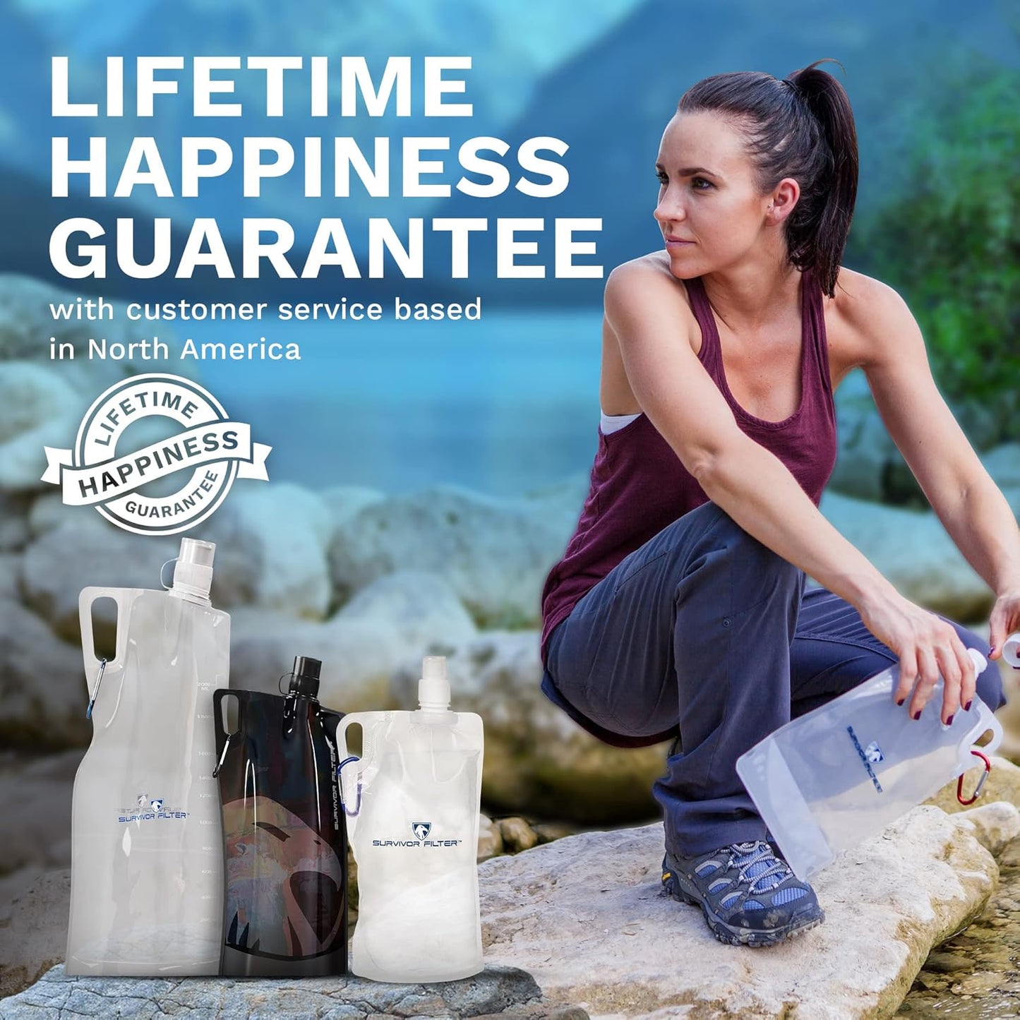 Survivor Filter Clear Collapsible Water Bottles - Travel, Hiking, Foldable, BPA-Free - 2 x
