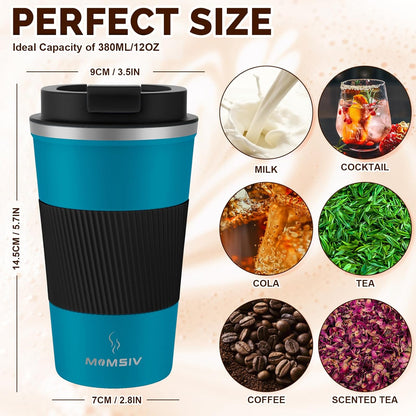 MOMSIV 12oz Travel Mug, Insulated Coffee Cup with Leakproof Lid, Travel Coffee Mug Vacuum Stainless Steel Double Walled Reusable Coffee Cup for Hot and Cold Water Coffee