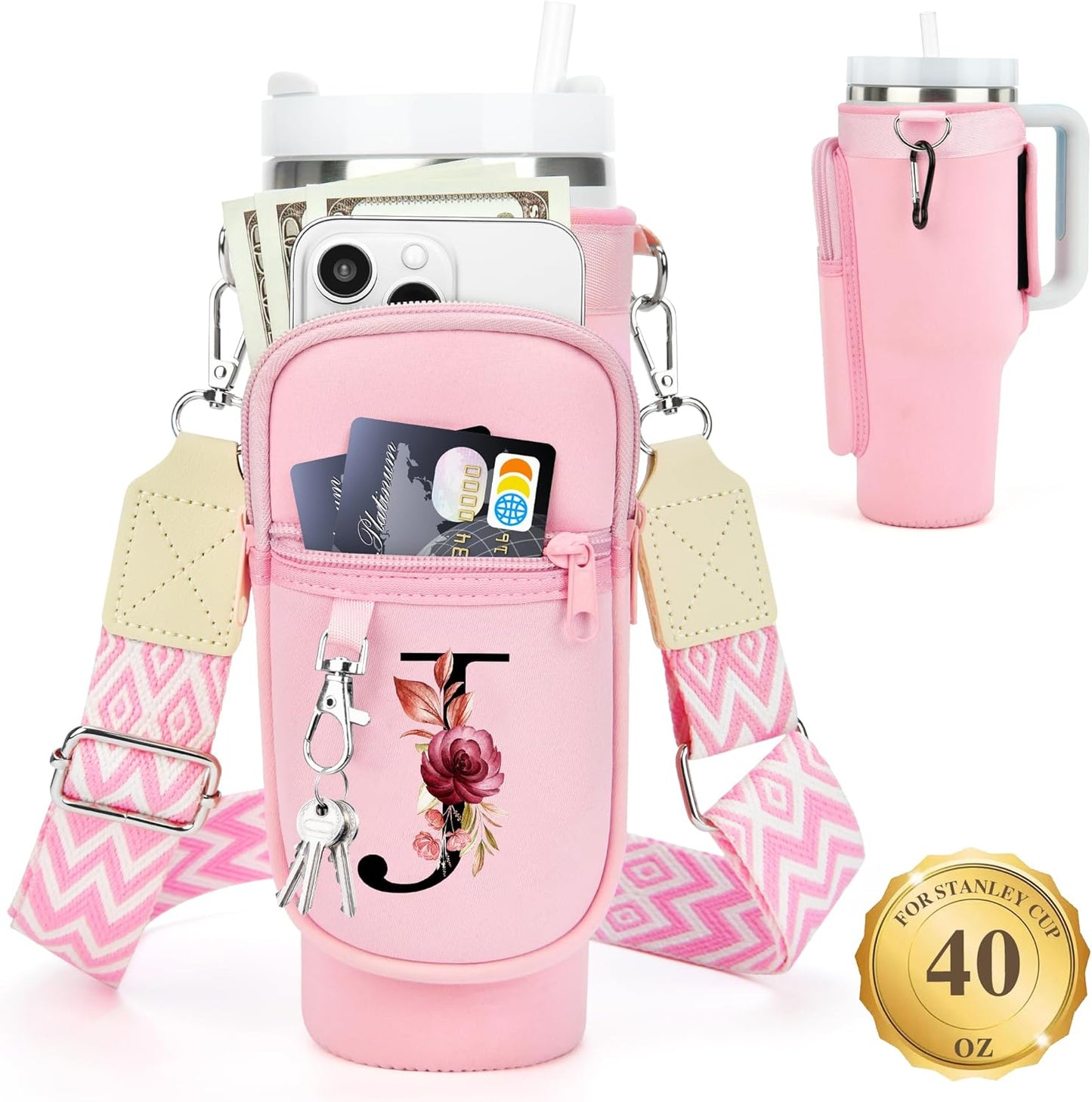 LOKASS Personalized Water Bottle Holder with Strap for Stanley Cup Accessories 40 oz, Initial for Stanley Cup Holder Carrier Bag with Phone Pocket, Stylish Tumbler Accessories for Daily Use Hands-Free