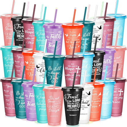 Uiifan 30 Pcs Christian Gifts Cups Bulk for Women, 24oz Bible Verse Christian Tumblers with Lids and Straw, Religious Church Gifts for Mother's Day (Fresh Color,Bible)