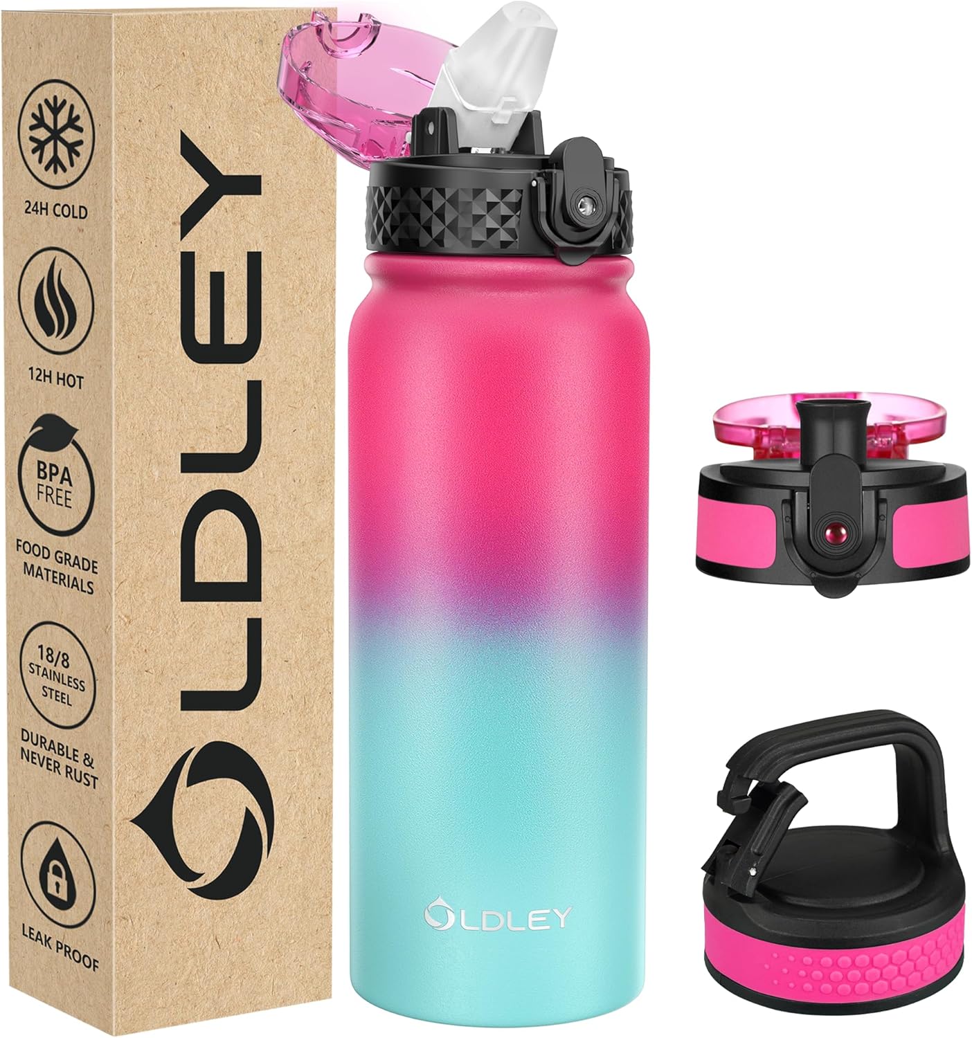 Oldley Insulated Water Bottle 20oz for Adults Kids Stainless Steel Water Bottles with Straw/Chug/Carabiner 3 Lids Fruit Strainer Double Wall Vacuum Wide Mouth BPA Free Leak-Proof for School Travel