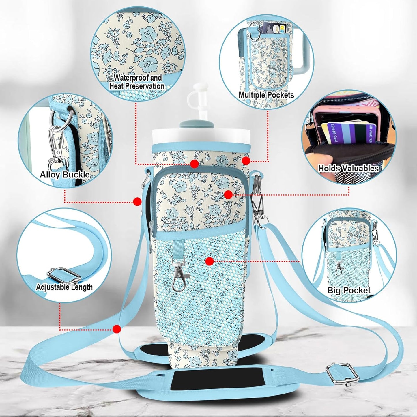 Stanley Carrier Bag for Stanley 40oz/30ozTumbler with Phone with 2 Adjustable Strap,3 Pockets Bottle Stanley Cup Carrier Bag & Case,Accessories for Hiking Travelling