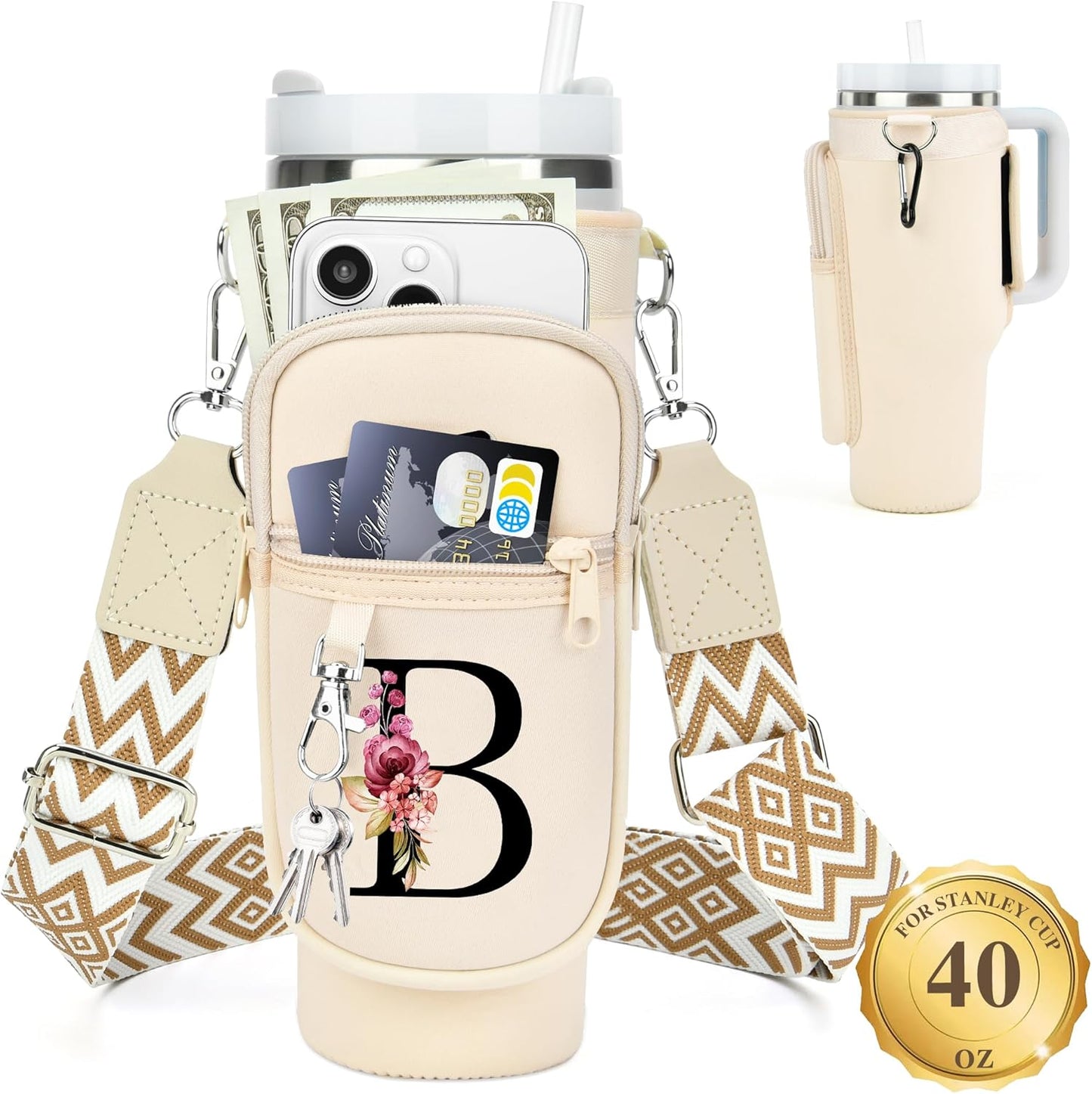 LOKASS Personalized Water Bottle Holder with Strap for Stanley Cup Accessories 40 oz, Initial for Stanley Cup Holder Carrier Bag with Phone Pocket, Stylish Tumbler Accessories for Daily Use Hands-Free
