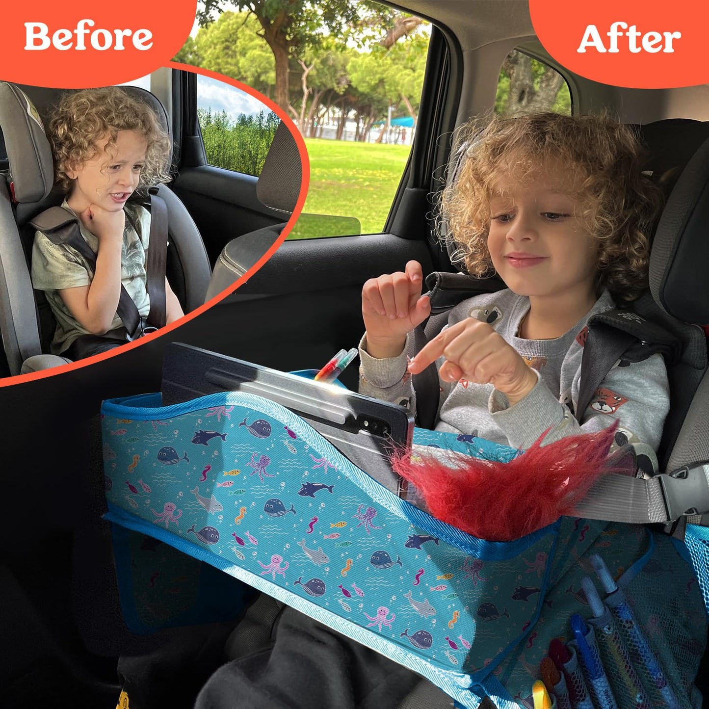 PILLANI Kids Travel Tray for Car - Car Seat Tray with Activity Sheets & Pens, Road Trip Essentials for Car & Airplane, Must Have Toddler Travel Lap Desk Accessories - Road Trip Activities for Kids