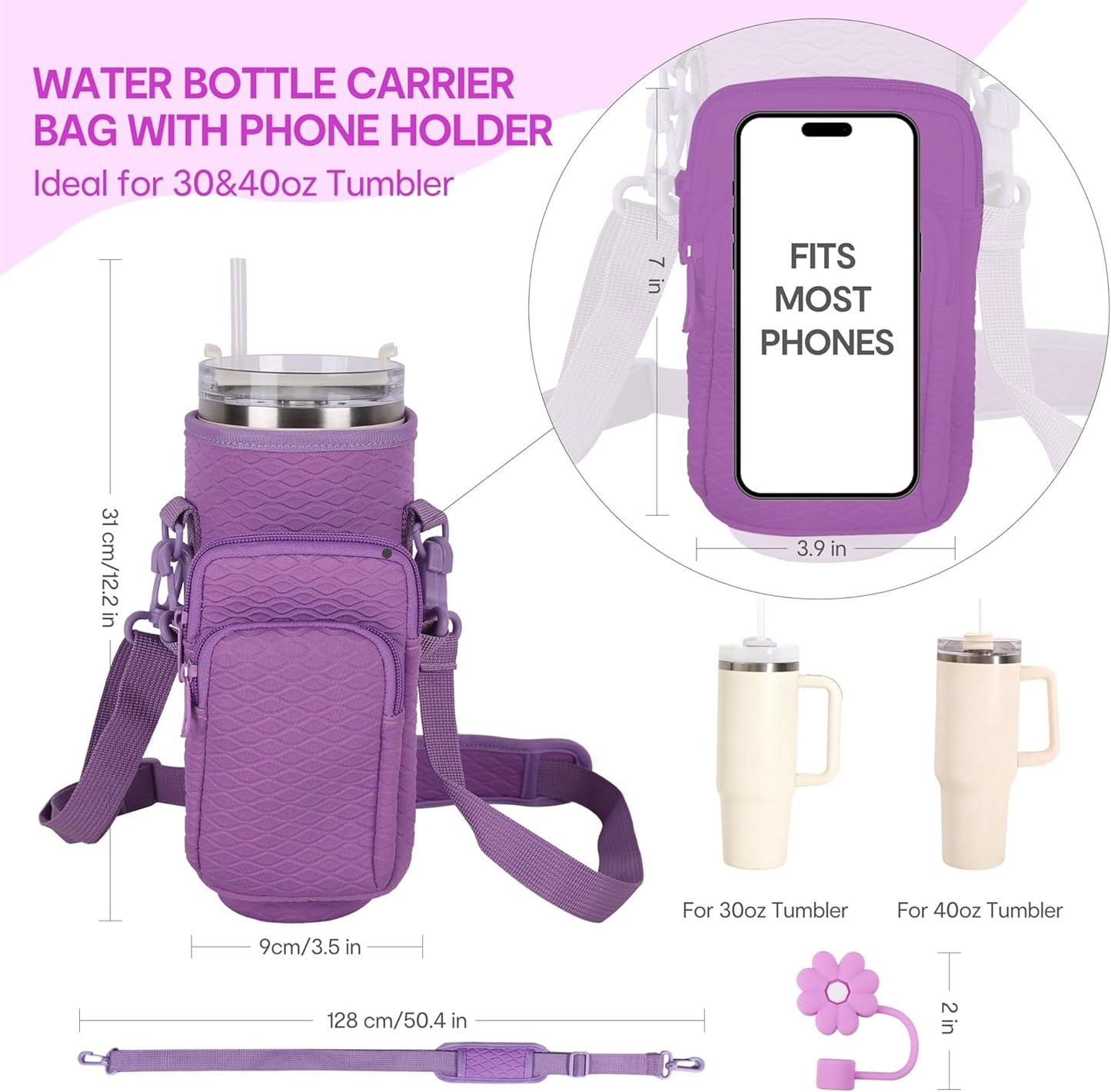 &And Per Se Water Bottle Shoulder Bag with Phone Pocket, Compatible with Stanley 30oz Tumblers - Neoprene Carrier with Adjustable Strap & Charm Accessory (Black)