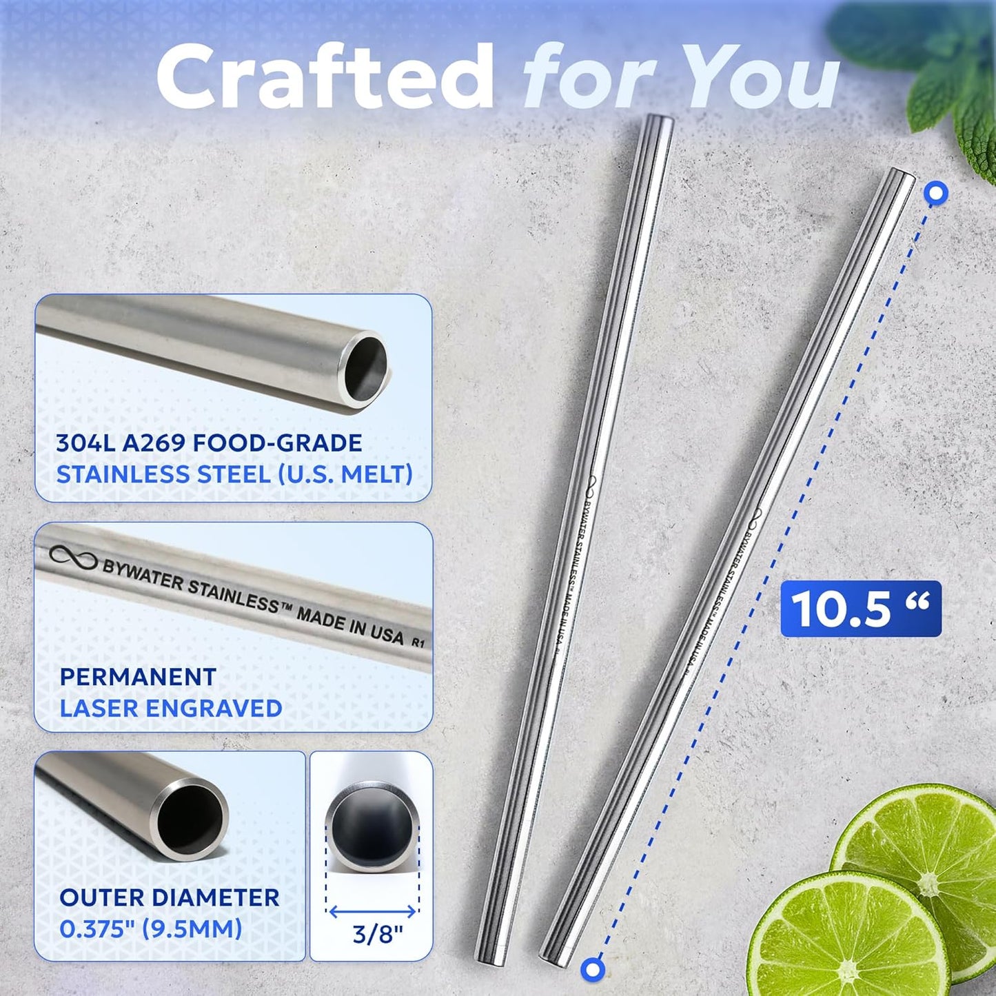 Made in USA Bywater Stainless Steel 10.5 Inch Straw Set of 2 Food Grade Premium Straws. Fits Stanley, Yeti Straw Lid, Owala and Many Others With Standard Straws. DOES NOT FIT FLIP STYLE LIDS