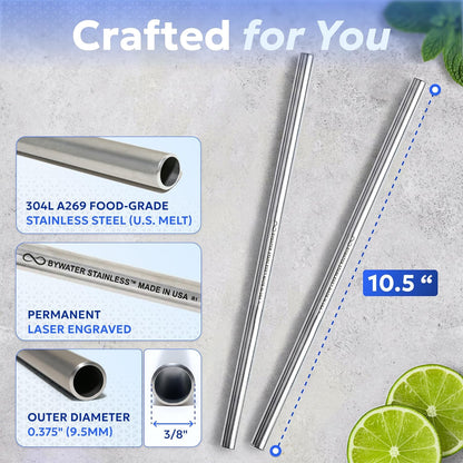 Made in USA Bywater Stainless Steel 10.5 Inch Straw Set of 2 Food Grade Premium Straws. Fits Stanley, Yeti Straw Lid, Owala and Many Others With Standard Straws. DOES NOT FIT FLIP STYLE LIDS