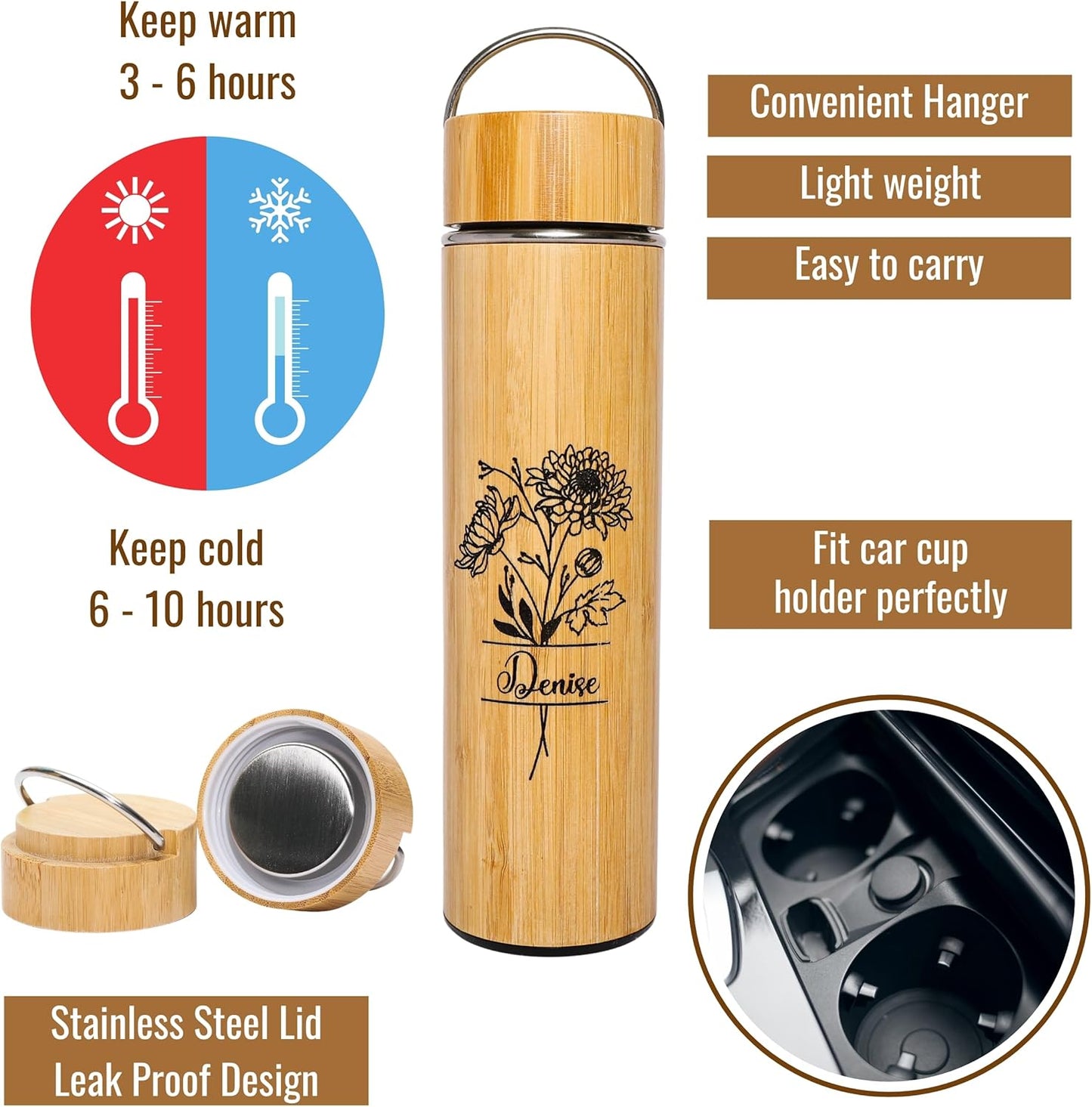 Bamboo Water Bottle Insulated Tea Tumbler for Men Birthday Gift, Women Travel Tea Set with Diffuser for Loose Tea Leaves, Stainless Steel Leak Proof Gift for Mom (15 oz)