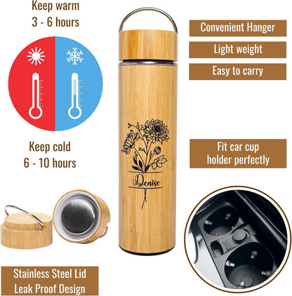 Bamboo Water Bottle Insulated Tea Tumbler for Men Birthday Gift, Women Travel Tea Set with Diffuser for Loose Tea Leaves, Stainless Steel Leak Proof Gift for Mom (15 oz)